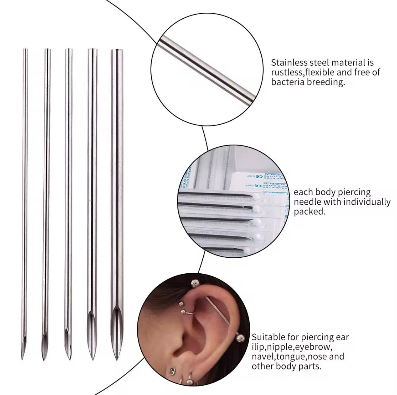 Aguja / Cánula americana para body piercing 100 piezas - Calibres mixtos