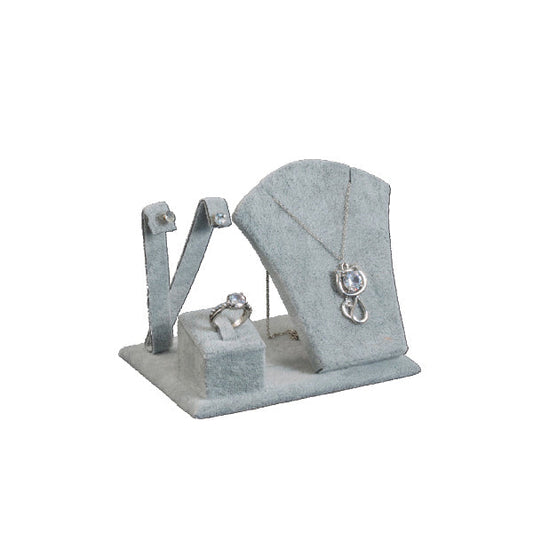 Exhibidor de terciopelo gris Cadena, aretes y anillo